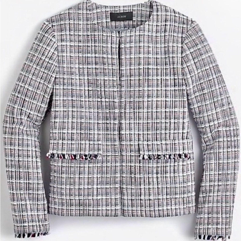 J. Crew Colorful Plaid Checked Fringed Tweed Suit Coat in Red, White & Blue Sz 0